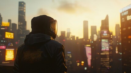 Cyberpunk biker wearing futuristic helmet and jacket, admiring city skyline at sunset. Generative ai illustrations