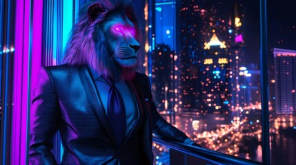 Cyberpunk lion ceo enjoying futuristic city skyline at night. Generative ai illustrations