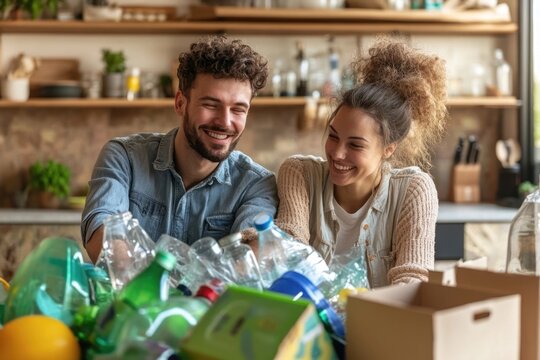 Happy couple sorting recyclable plastic bottles and containers together in their kitchen.
