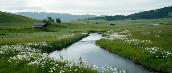 A tranquil stream meanders through a lush green valley, with wildflowers lining its banks and a distant barn under an overcast sky.