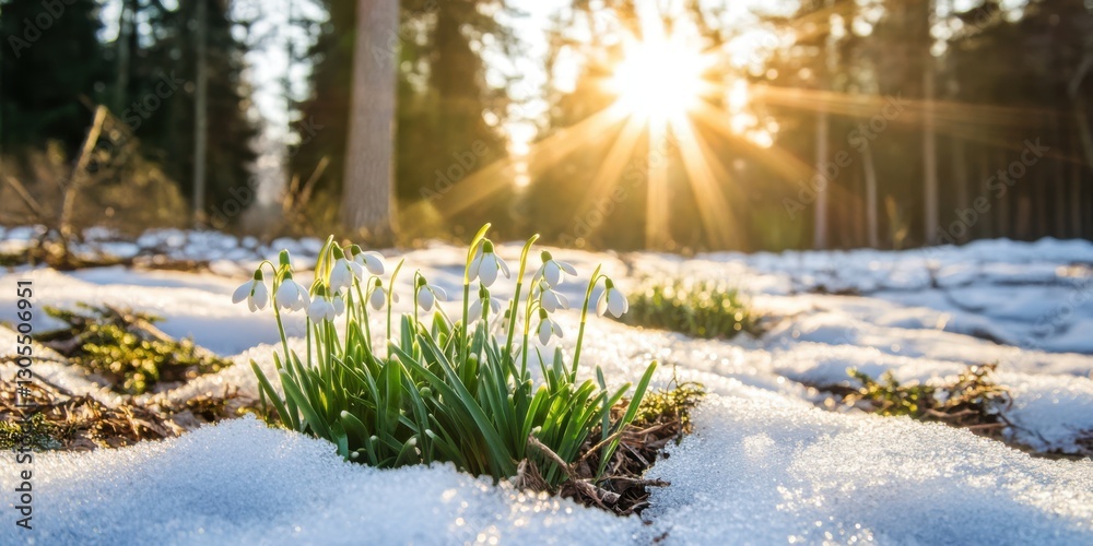 Aufkleber snowdrops blooming through melting snow, soft sunlight filtering through trees, capturing the gentle
