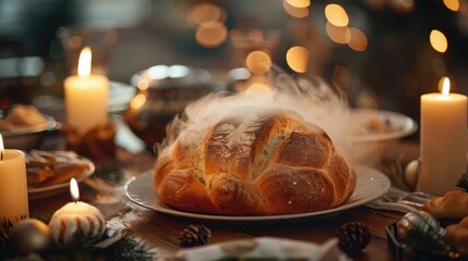 Obraz premium Freshly baked bread with a perfectly smooth golden-brown crust, placed in the center of the holiday table. Steam gently rises from the warm bread, emphasizing its freshness.