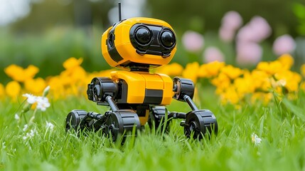 Playful Yellow Pixel Robot in a Flower Garden