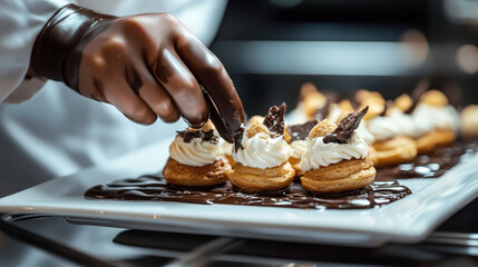 A chef carefully decorating chocolate profiteroles, filled with creamy filling, using a piping bag. The rich chocolate glaze is being artfully applied on top,