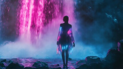 Fototapeta premium Futuristic fashion model standing by neon waterfall at night. Generative ai illustrations