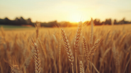 Golden wheat sways gently in the sunset light over an expansive field in rural countryside. Generative AI