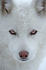 Naklejka premium A close up of a white dog with red eyes in the snow