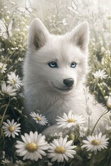 Naklejka premium A white dog with blue eyes sitting in a field of daisies