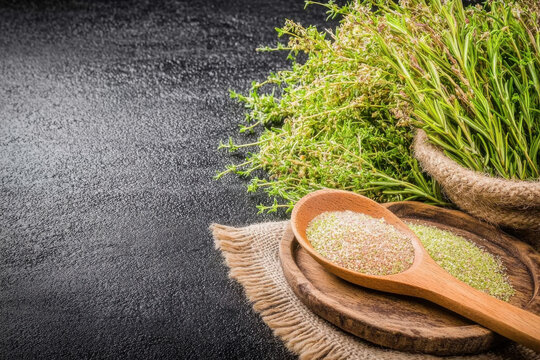 Raw organic fonio seeds in wooden spoon placed on rustic wooden board with burlap cloth,
accompanied by fresh fonio plant on dark textured background, healthy gluten-free ancient grain