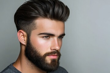 Obraz premium Handsome Man Portrait Stylish Hair Thick Beard Studio Shot Masculine Model Attractive Face Brown Eyes Professional Image High Resolution Detailed 