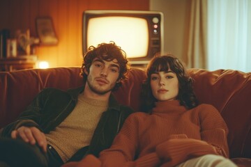 Naklejka premium A young couple relaxes on a vintage couch in a warmly lit room, a retro television glowing behind them.