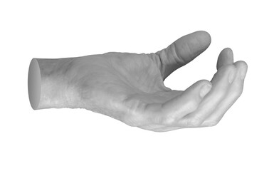 Elderly hand with open, cupped palm, offering support or help. Fingers slightly curled, facing upward in a symbolic gesture of receiving or donation. Wrinkled, aged skin details visible. Close up,
