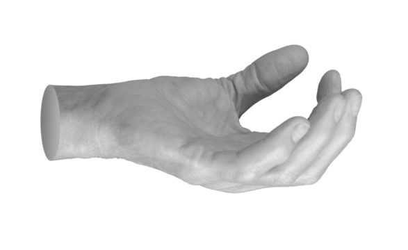 Elderly hand with open, cupped palm, offering support or help. Fingers slightly curled, facing upward in a symbolic gesture of receiving or donation. Wrinkled, aged skin details visible. Close up,