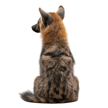 a back view of a striped hyena on a white solid background