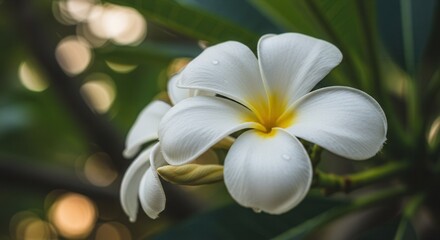 Close-up of Plumeria Flower with Water Droplets and Bokeh Background