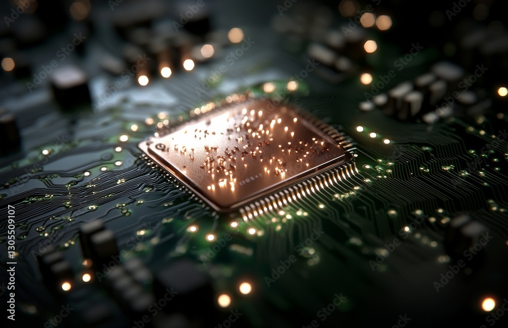 Aufkleber a futuristic glowing cpu processor representing quantum and machine learning computing concepts in a