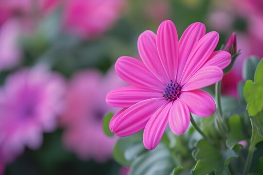Purple Daisy's Blooming Beauty: A close-up captures a vibrant purple daisy in full bloom, showcasing its delicate petals and a bright center, while the soft. - Powered by Adobe