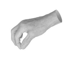Elderly hand with thumb and index finger forming a pinch, grasping an invisible object. Wrinkled, aged skin with visible veins and texture, showcasing fine details. Close up, black and white, isolated