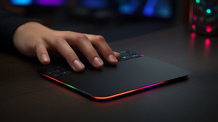 Hand typing on rgb keyboard on desk at night