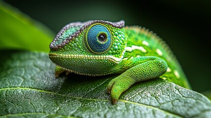A green chameleon sitting on top of a green leaf