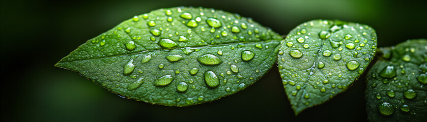 close-up of a green leaf with water droplets on it, a macro photograph,
