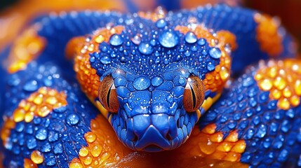 Obraz premium A close up of a blue and orange snake with water droplets on its head