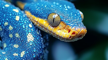  A close up of a blue and yellow snake with water droplets on it's face