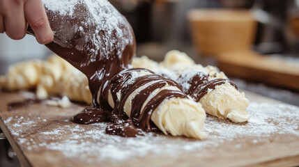 Homemade éclairs being prepared in the kitchen, with soft, log-shaped pastries filled with creamy filling and topped with a rich chocolate glaze, showcasing the process of creating this classic desser