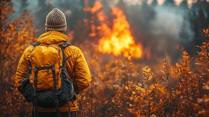 Obraz premium A man with a backpack standing in front of a fire