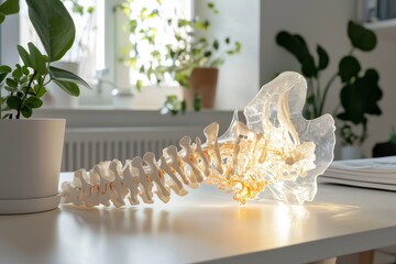 Cervical spine intervertebral hernia with fibrous ring rupture, accompanied by osteochondrosis, as depicted in a human spinal column plastic model at a physiotherapy clinic