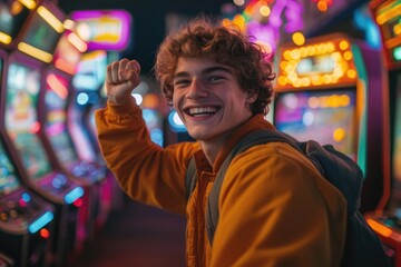 Obraz premium Excited young man celebrates a win at a brightly lit casino.