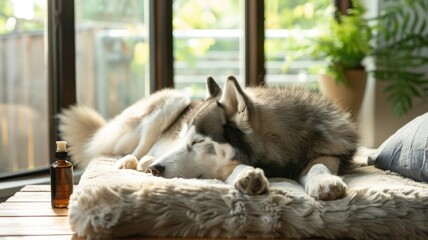 Relaxed husky with cbd oil indoors on cozy day
