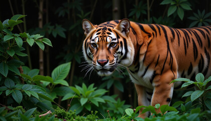 Fototapeta premium Vivid orange tiger prowling through deep green jungle, Wildlife Day