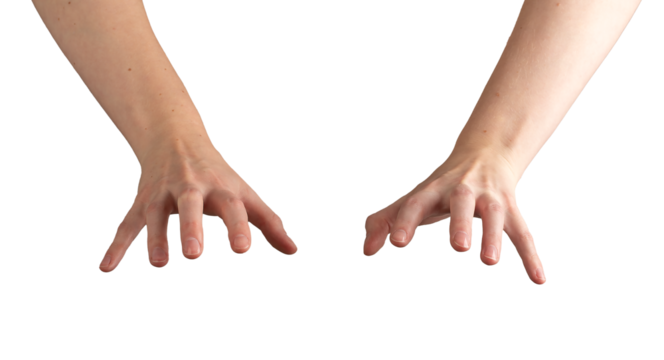 Hands reaching down, grasping and touching an unseen surface, fingers slightly curled in anticipation. Both hands symmetrically positioned, interacting with something invisible. Isolated on white - Powered by Adobe