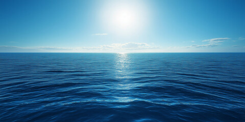 Obraz premium The vast sea, the clear sky, and calm water, the shimmering light on top of it, a blue ocean, a wide-angle lens, a distant view, clear details, high saturation, a wide perspective, a blue tone