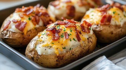 Delicious baked potatoes topped with crispy bacon and melted cheese for a perfect meal at home