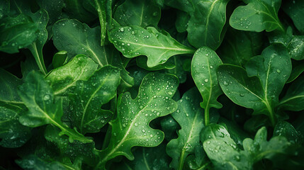 Close up of fresh arugula leaves showcasing vibrant green hues and intricate textures with droplets of water