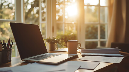 laptop on a desk, professional work setup, work from home background, generative ai