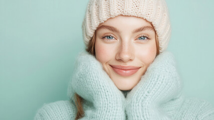 smiling woman in winter clothes, pastel colors, advertising winter goods, winter sales