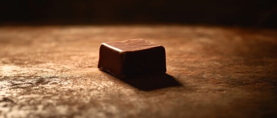 A single chocolate piece rests on a warm-toned surface, emphasizing its smooth curves and rich color under soft lighting.