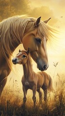 Majestic mare her foal stand misty meadow dawn their soft breath visible cool air foal nuzzles mother neck symbolizing tenderness protection Ultra detailed mane hyper realistic muscle definition