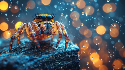 A jumping spider sitting on top of a piece of wood