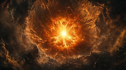 A large explosion of fire and water in the middle of a dark sky