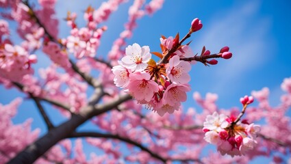 Sakura tree in bloom, in spring blossom. A blooming sakura tree against a clear blue sky. Dynamic composition, branches stretching towards the viewer. Sharp focus on the flowers, slightly blurred back