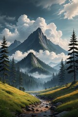 mountains and trees are in the foreground of a stream