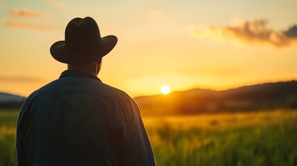 A man wearing a hat is standing in a field