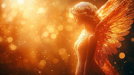 A woman with golden wings standing in front of a golden background