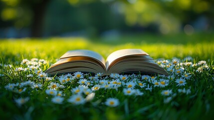 an open book sitting on top of a lush green field of daisies