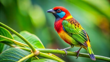 Fototapeta premium Vibrant Rainbow Bird Perched on Lush Green Branch in a Tropical Paradise