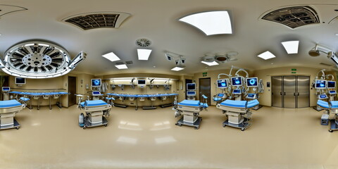 Full 360 degrees seamless spherical panorama HDRI equirectangular projection of hospital interior with adjustable beds.. Texture environment map for lighting and reflection source rendering 3d scenes.